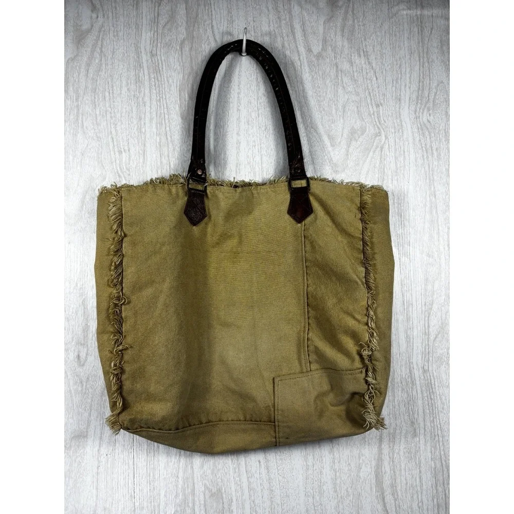 Mona B Upcycled Canvas Tote Bag Military Stencil Vegan Leather Boho Casual